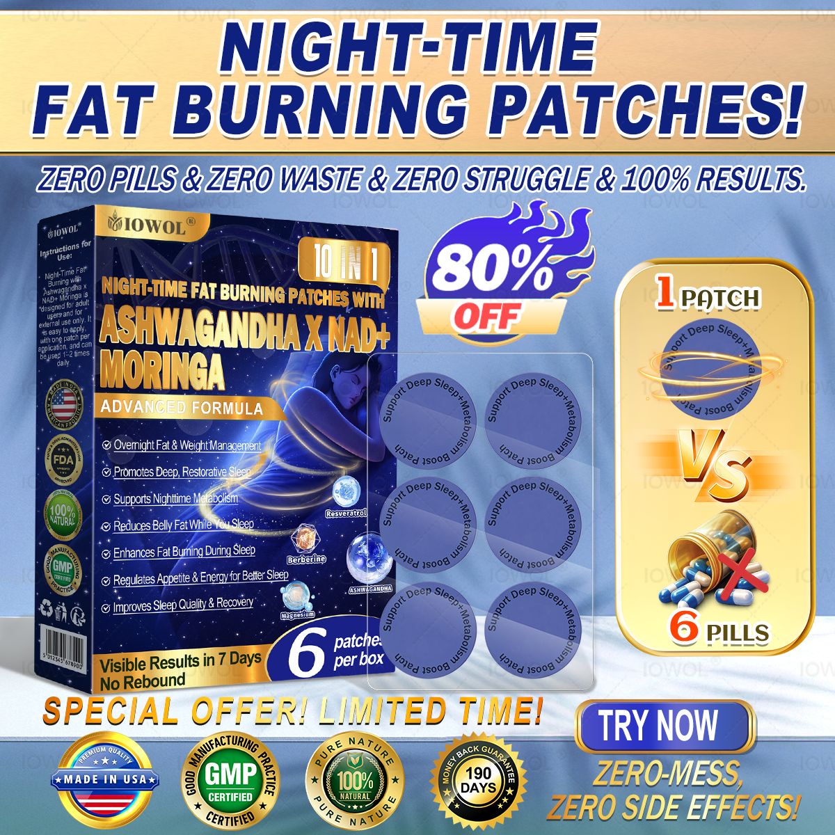 50off% IOWOL ® NIGHT-TIME FAT BURNING PATCHES! ZERO PILLS & ZERO WASTE & ZERO STRUGGLE & 100% RESULTS.